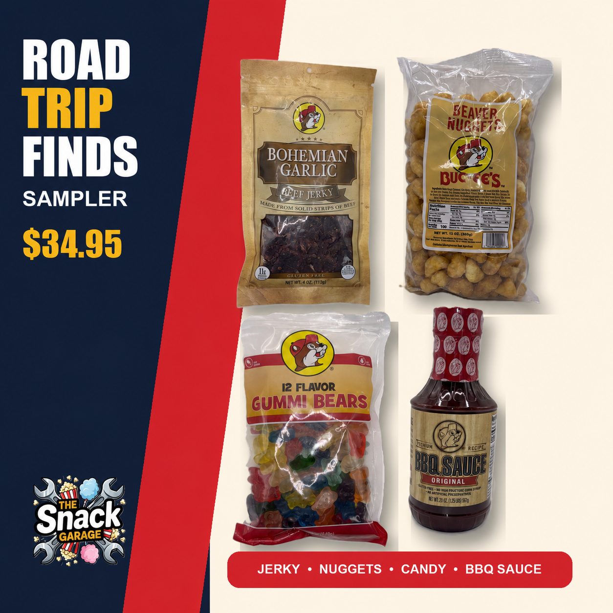 Buc-ee's Road Trip Finds Sampler with jerky, Beaver Nuggets, candy, and BBQ sauce
