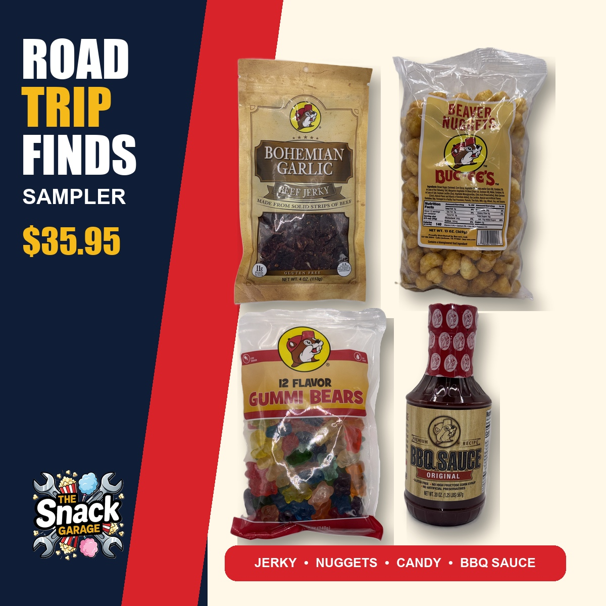 Buc-ee's Road Trip Finds Sampler with jerky, Beaver Nuggets, candy, and BBQ sauce